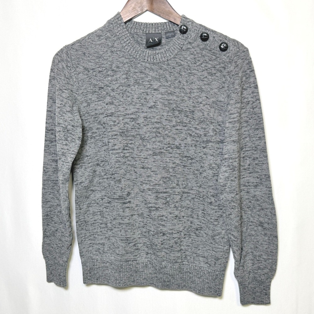 Armani Exchange Mens Gray Marl Button Shoulder Chevron Knit Sweater Small - Picture 2 of 7